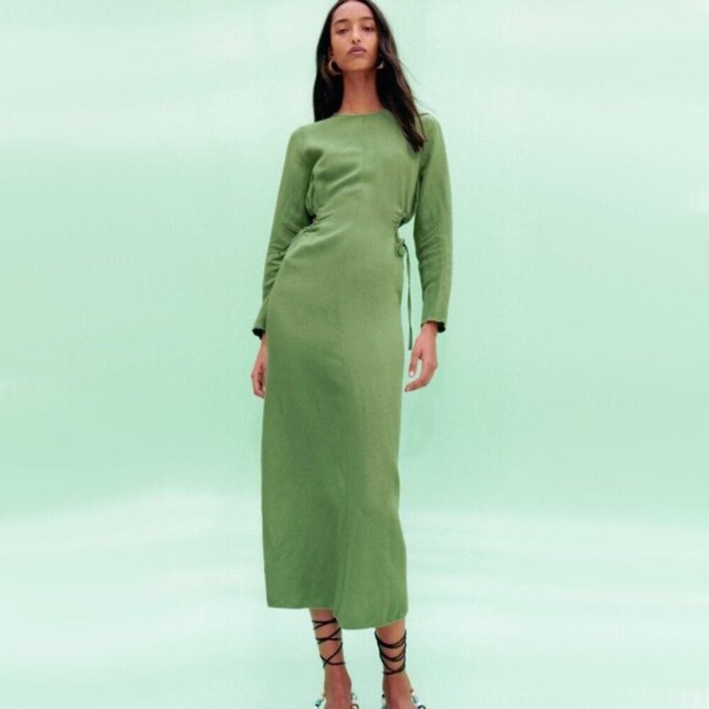 NWOT Zara green side cut out linen blend dress XS